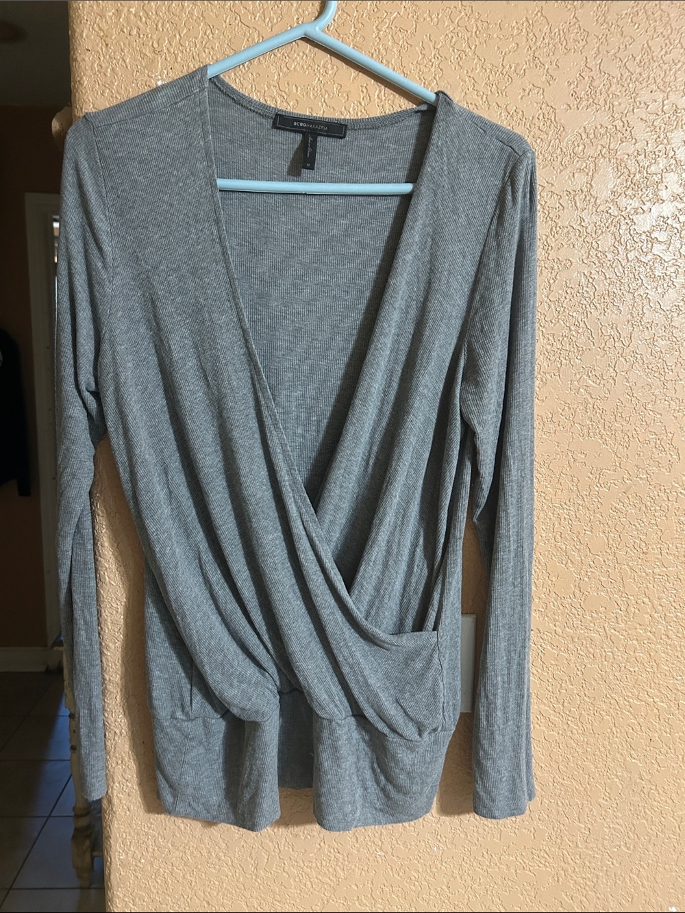 BCBGMaxAzria Gray Draped Wrap Long-Sleeve Top